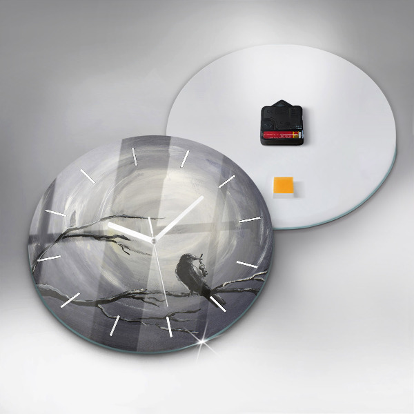 Round glass wall clock Raven in the moonlight