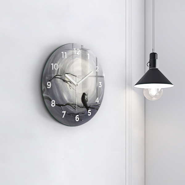Round glass wall clock Raven in the moonlight