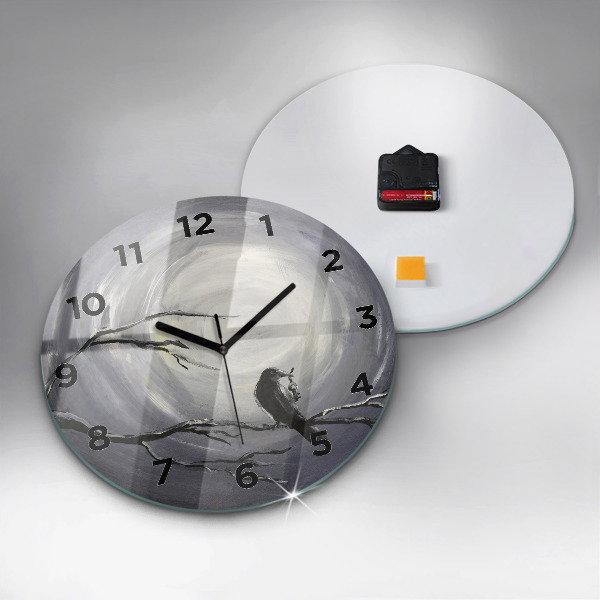 Round glass wall clock Raven in the moonlight