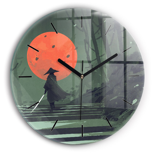 Round glass wall clock Samurai in the forest