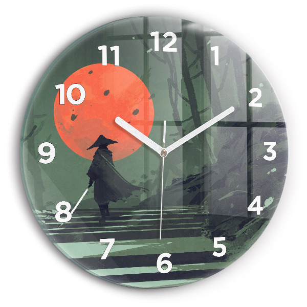 Round glass wall clock Samurai in the forest