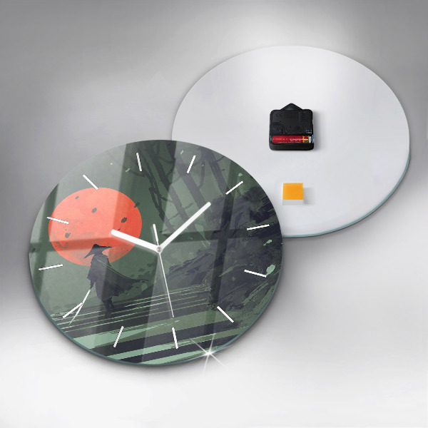Round glass wall clock Samurai in the forest