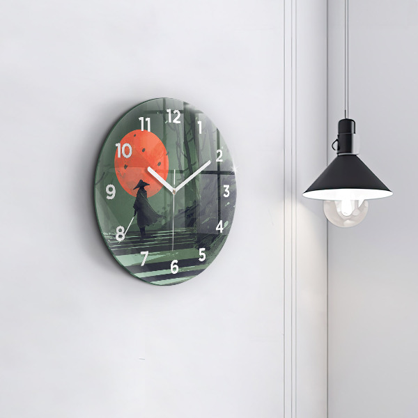 Round glass wall clock Samurai in the forest