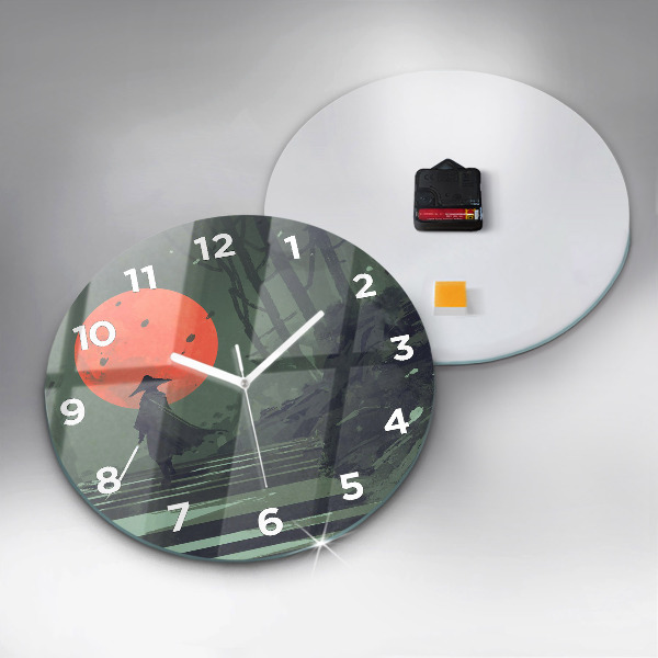 Round glass wall clock Samurai in the forest
