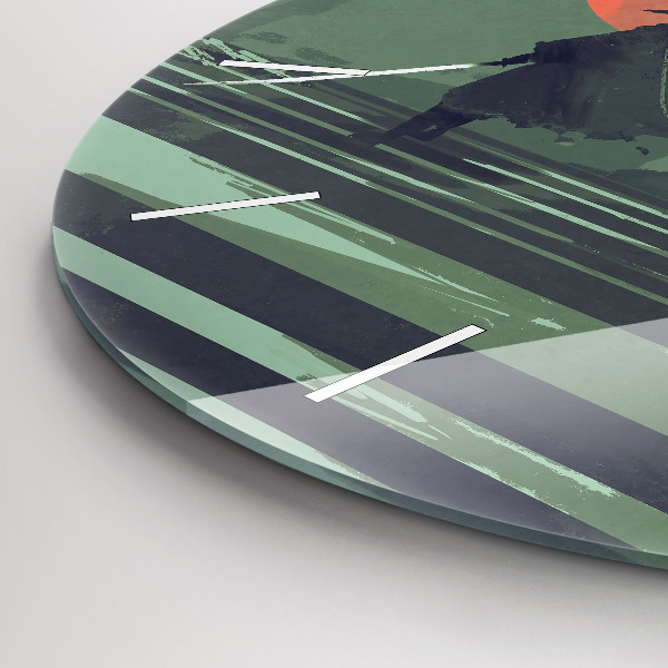 Round glass wall clock Samurai in the forest