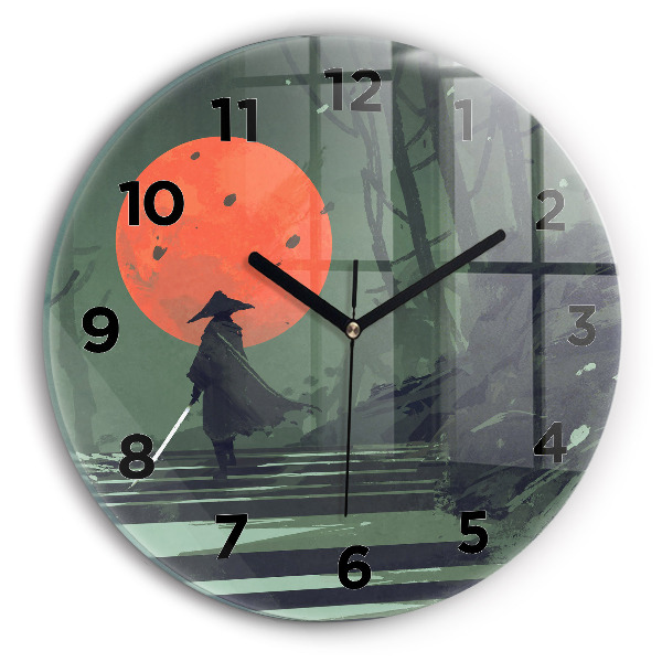 Round glass wall clock Samurai in the forest