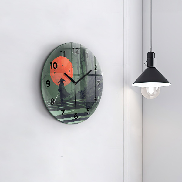 Round glass wall clock Samurai in the forest