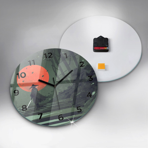 Round glass wall clock Samurai in the forest