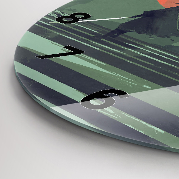 Round glass wall clock Samurai in the forest