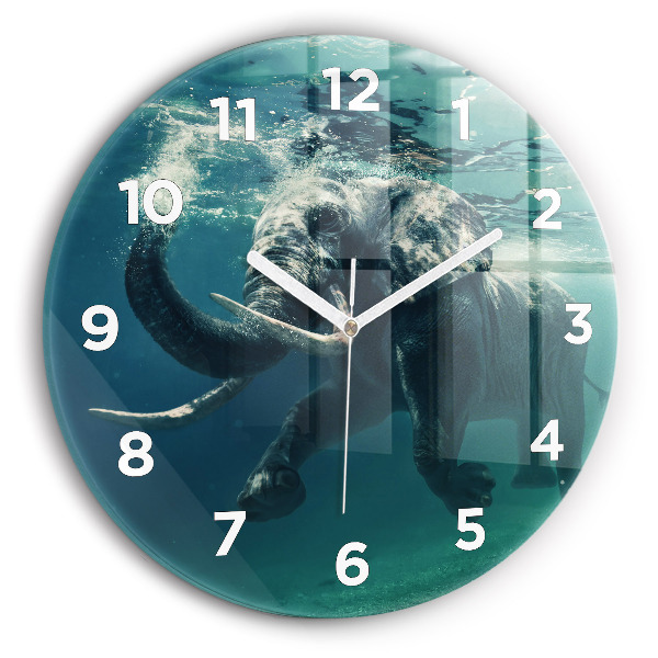 Round glass wall clock Swimming elephant in the ocean
