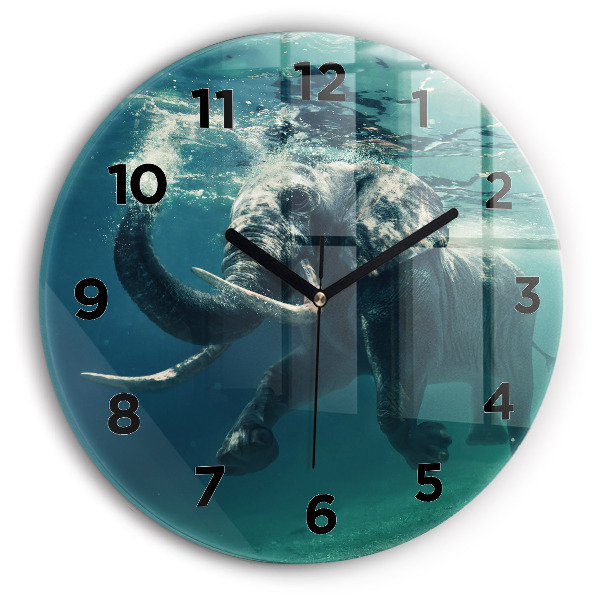 Round glass wall clock Swimming elephant in the ocean