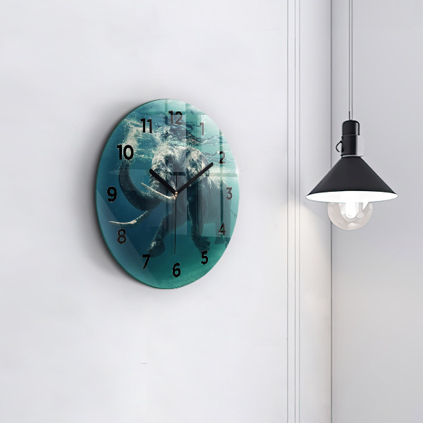 Round glass wall clock Swimming elephant in the ocean