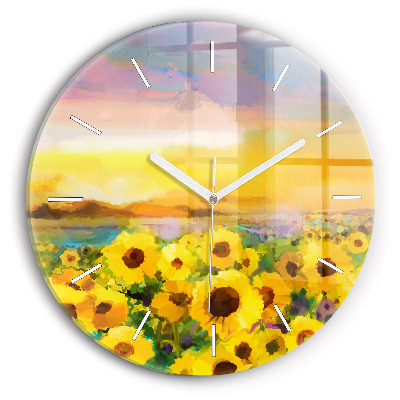 Round glass wall clock Sunflower Field