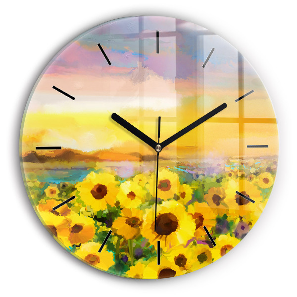 Round glass wall clock Sunflower Field