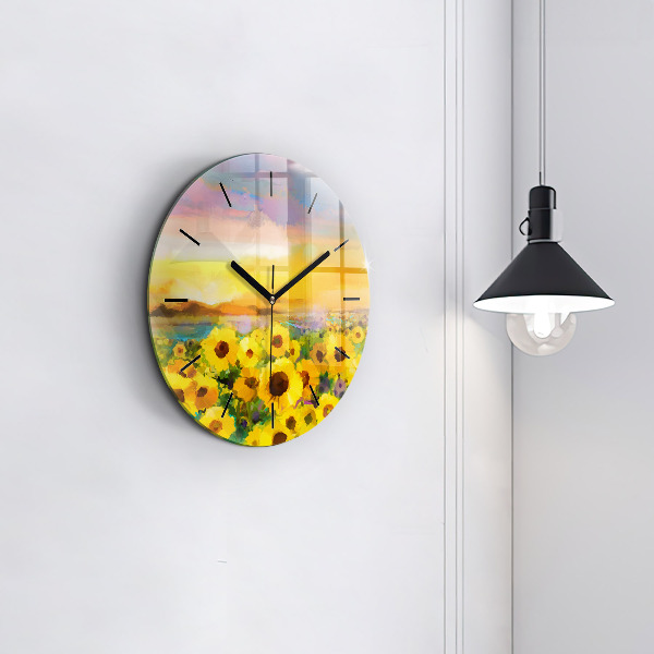 Round glass wall clock Sunflower Field