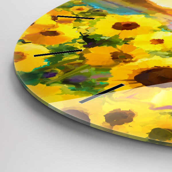 Round glass wall clock Sunflower Field