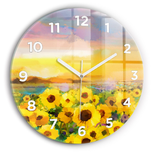 Round glass wall clock Sunflower Field