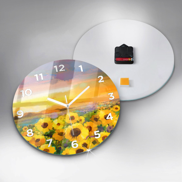 Round glass wall clock Sunflower Field