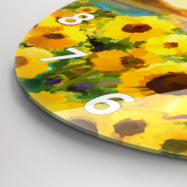 Round glass wall clock Sunflower Field