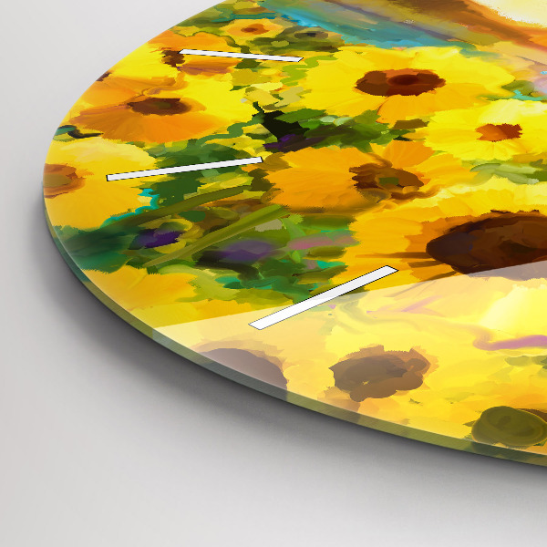 Round glass wall clock Sunflower Field