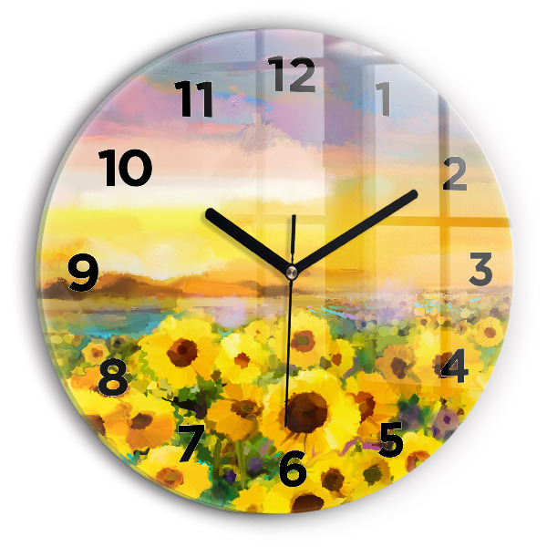 Round glass wall clock Sunflower Field