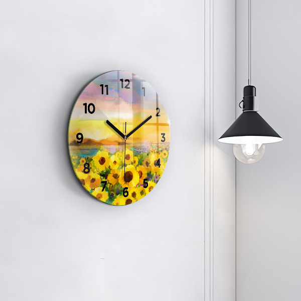 Round glass wall clock Sunflower Field