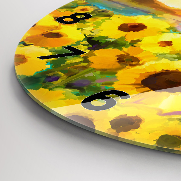 Round glass wall clock Sunflower Field