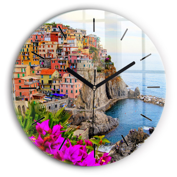Round glass wall clock Cinque Terre Coast