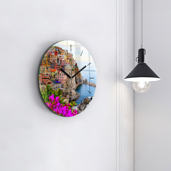 Round glass wall clock Cinque Terre Coast