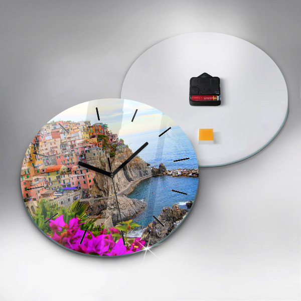 Round glass wall clock Cinque Terre Coast