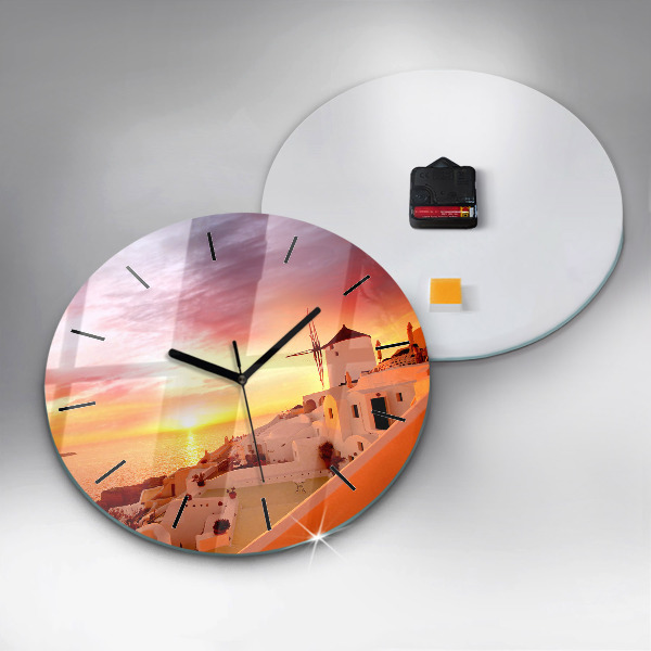 Round glass wall clock Old windmill in Santorini