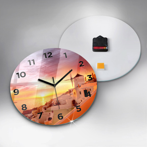Round glass wall clock Old windmill in Santorini
