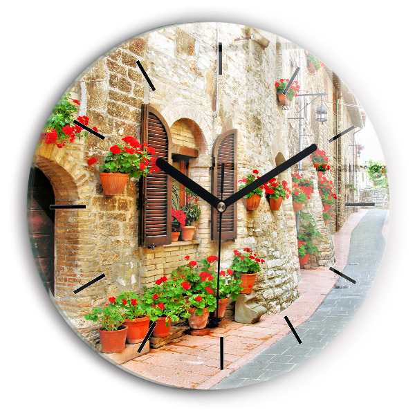Round glass wall clock A picturesque street
