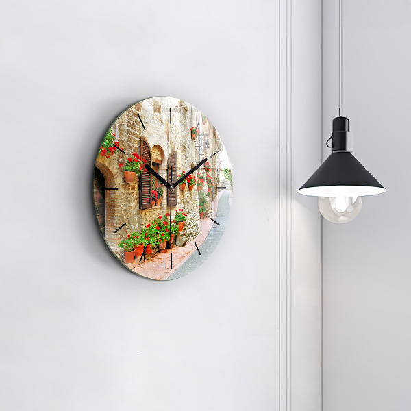 Round glass wall clock A picturesque street