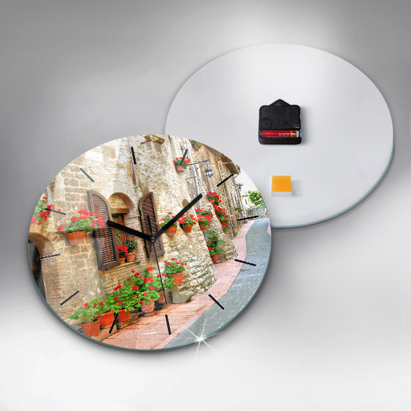 Round glass wall clock A picturesque street