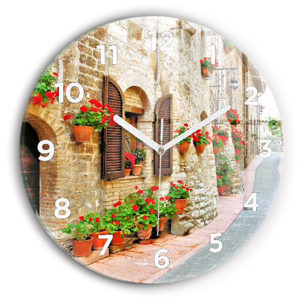 Round glass wall clock A picturesque street
