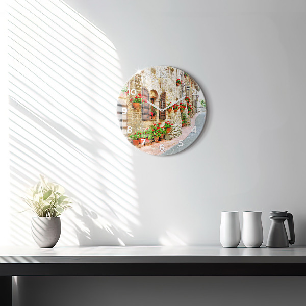 Round glass wall clock A picturesque street