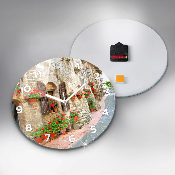 Round glass wall clock A picturesque street