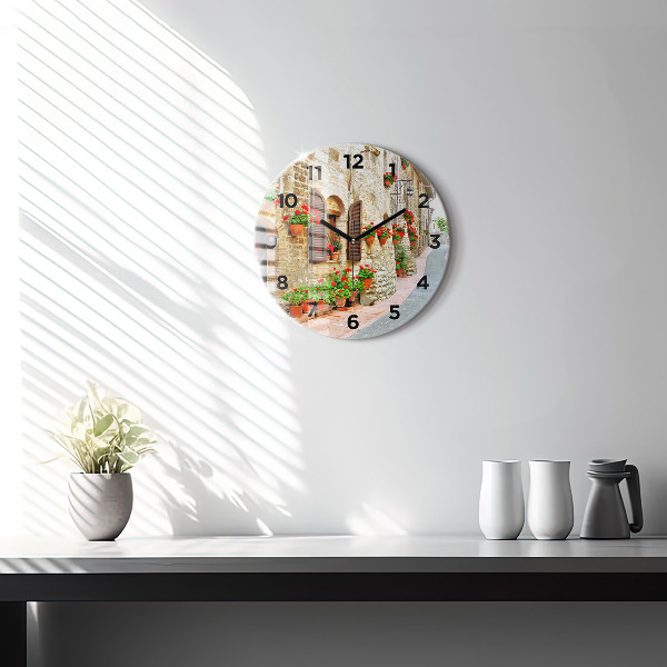 Round glass wall clock A picturesque street