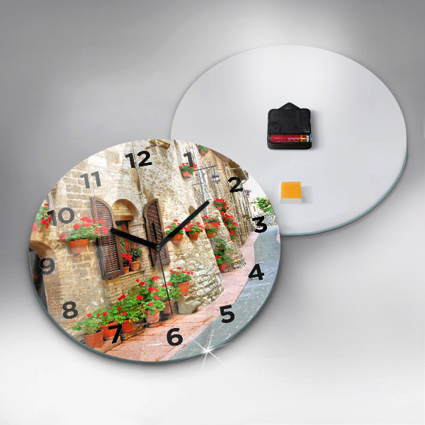Round glass wall clock A picturesque street