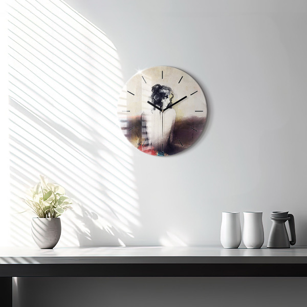 Round glass wall clock Abstract portrait of a woman