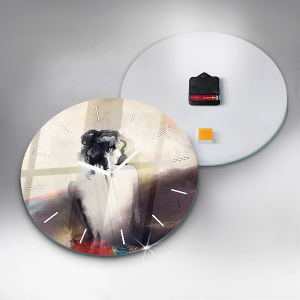 Round glass wall clock Abstract portrait of a woman