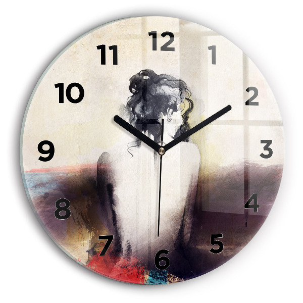 Round glass wall clock Abstract portrait of a woman