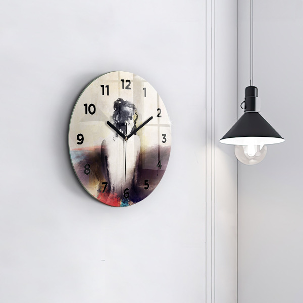 Round glass wall clock Abstract portrait of a woman