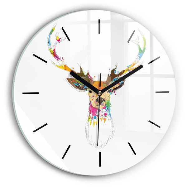 Round glass wall clock Colorful deer head
