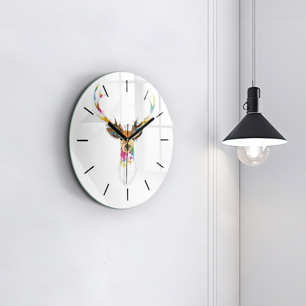Round glass wall clock Colorful deer head