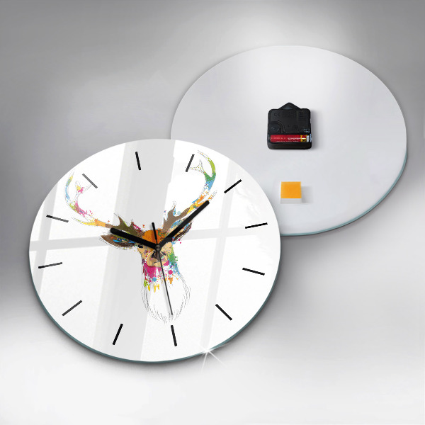 Round glass wall clock Colorful deer head