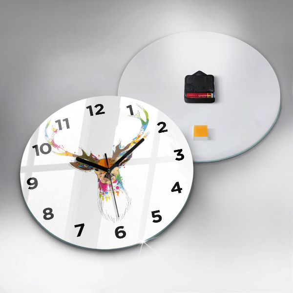 Round glass wall clock Colorful deer head