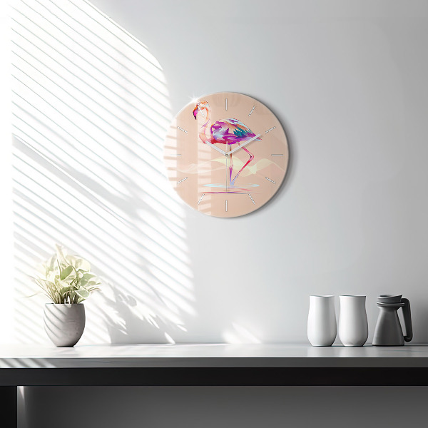 Round glass wall clock Flamingo illustration