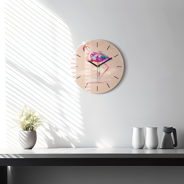 Round glass wall clock Flamingo illustration